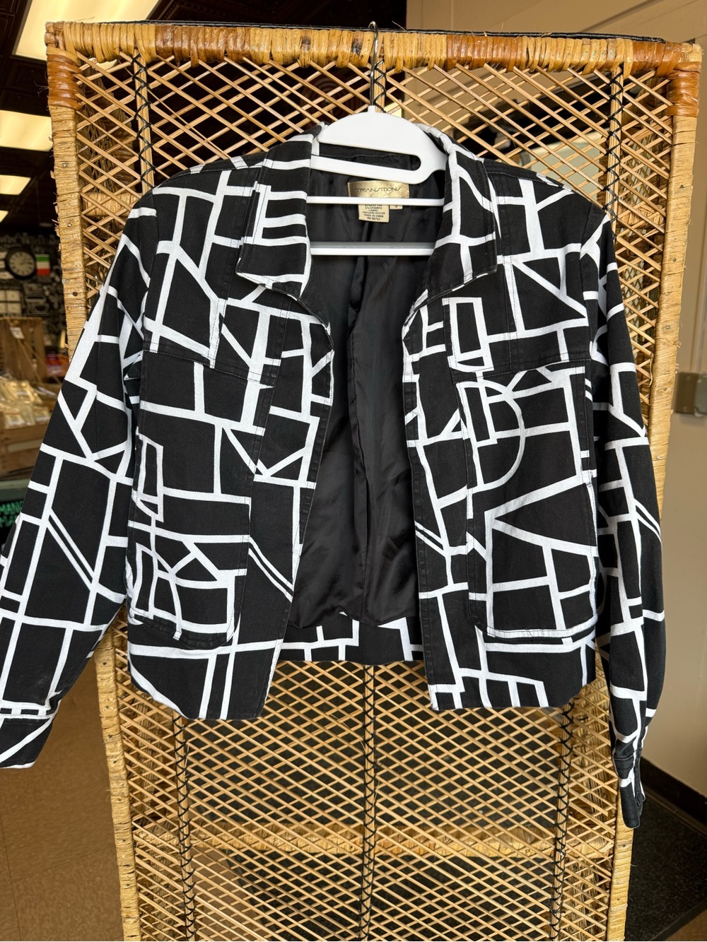 Vintage Transition Black White Geometric Abstract Open Front Jacket Size Small